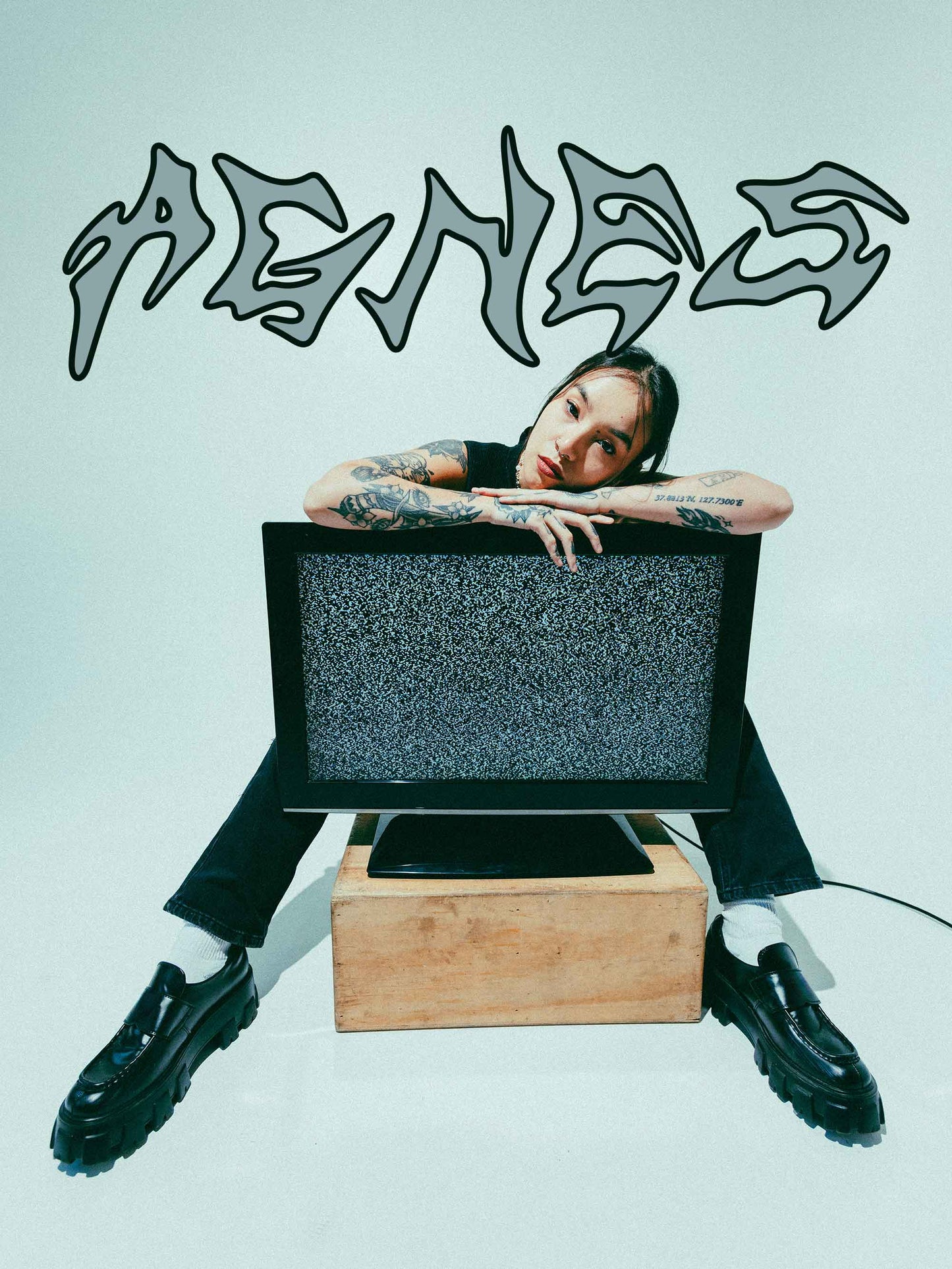 AGNES typeface hero image with model leaning on a TV showing static; wavy AGNES lettering above.