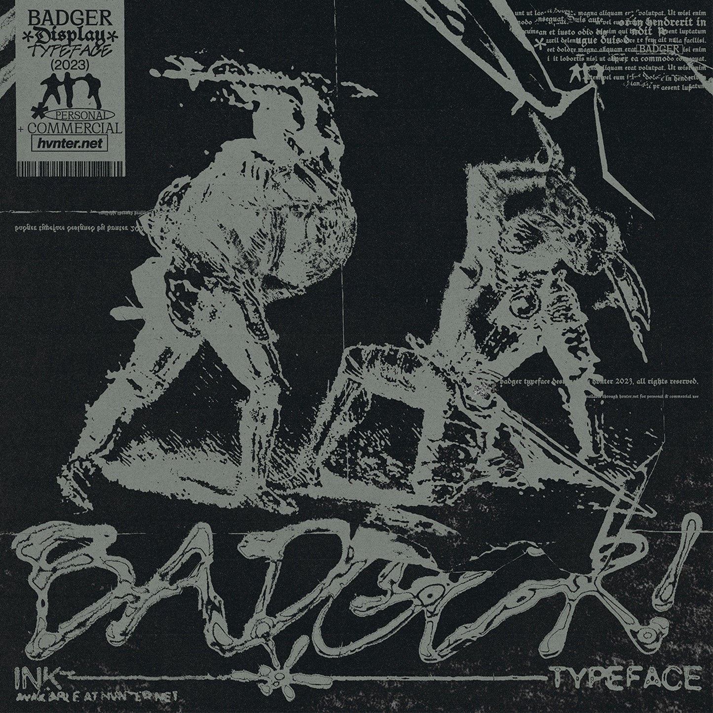 Badger ink display typeface styled with skeletal illustration and distressed print texture