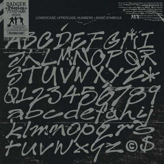 Badger hand drawn ink typeface full character set including uppercase lowercase numbers and symbols