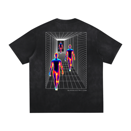 Bleed Electric A Human Story t-shirt back graphic showing three heat-mapped human figures walking through a digital grid tunnel