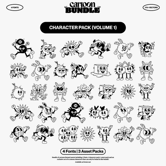 Cartoon Character Pack Volume 1 featuring expressive black and white cartoon characters with different poses and facial expressions.