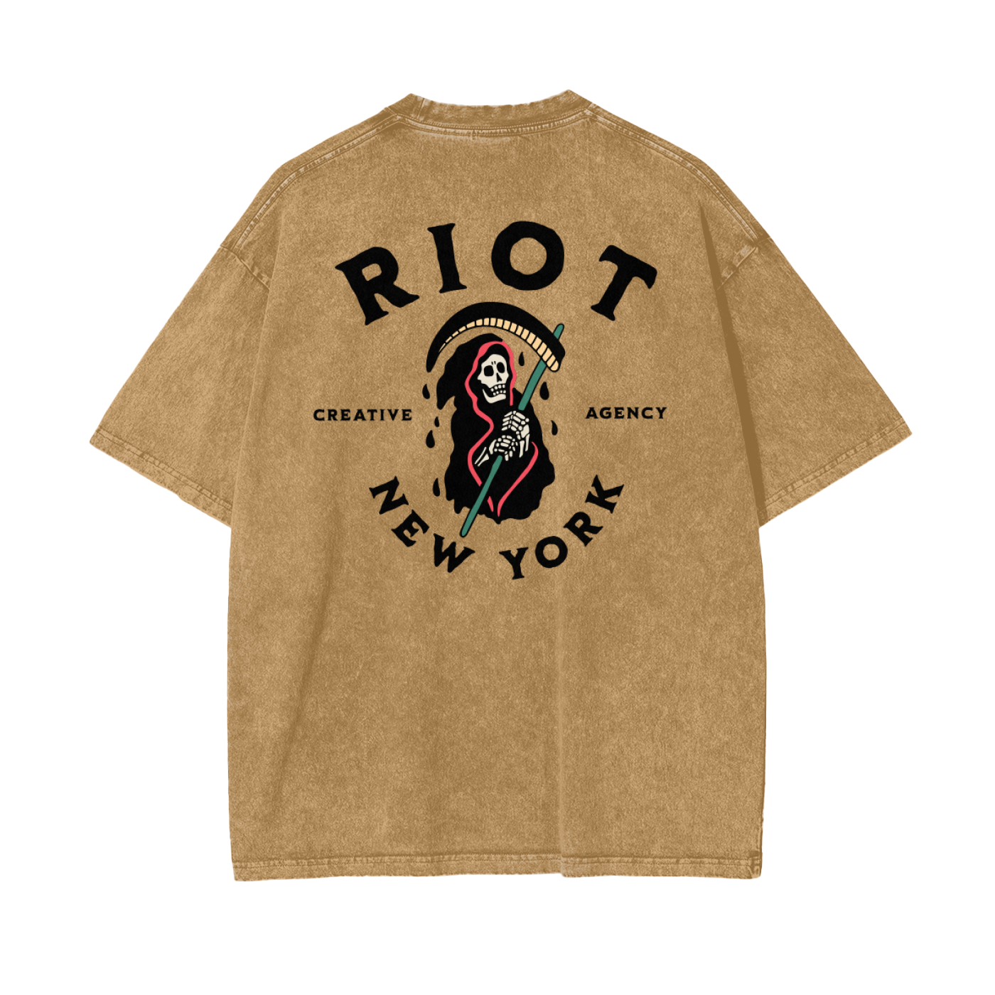 Back of light brown snow-washed oversized t-shirt featuring large RIOT Creative Agency reaper graphic with scythe