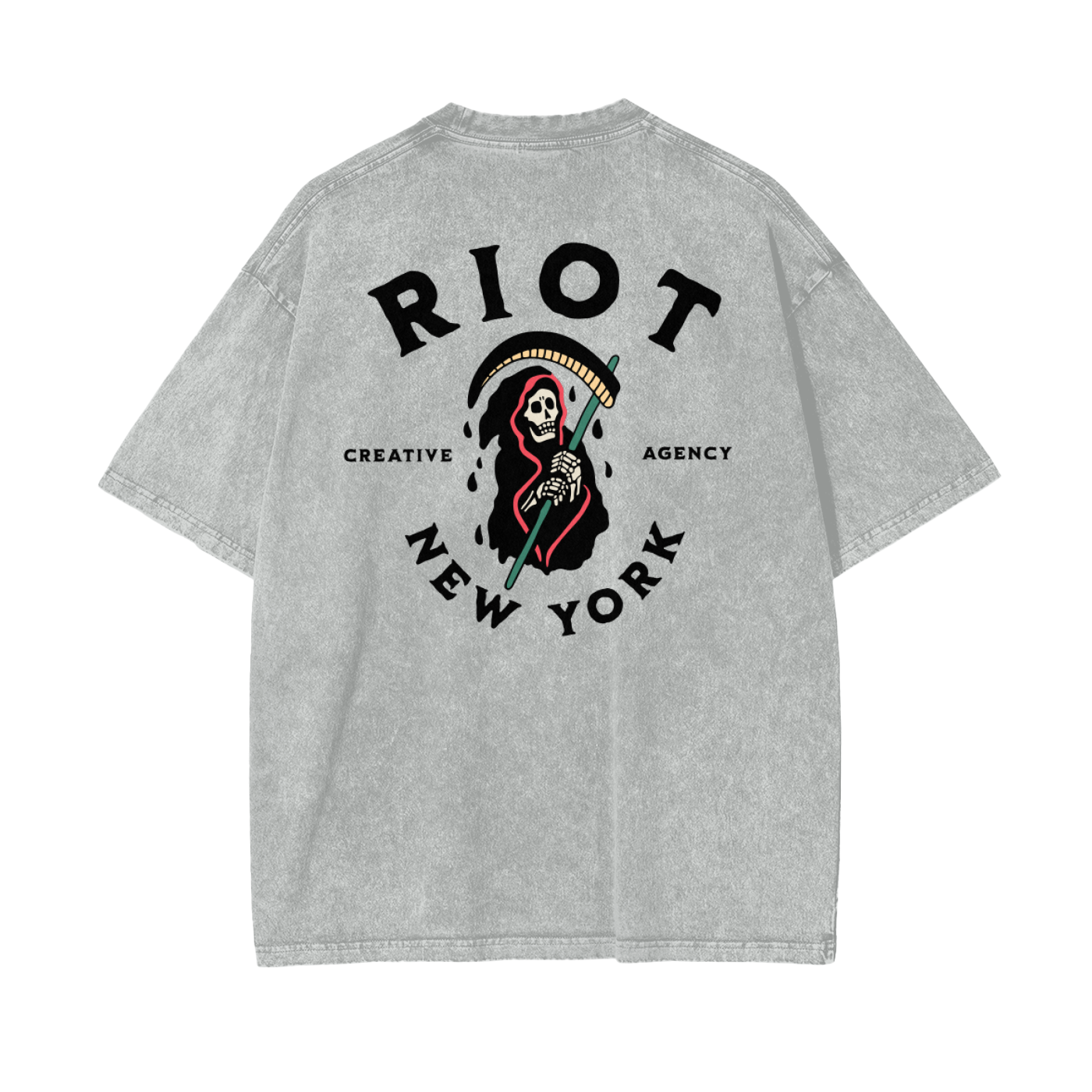 Back of light gray snow-washed oversized t-shirt featuring large RIOT Creative Agency reaper graphic with scythe