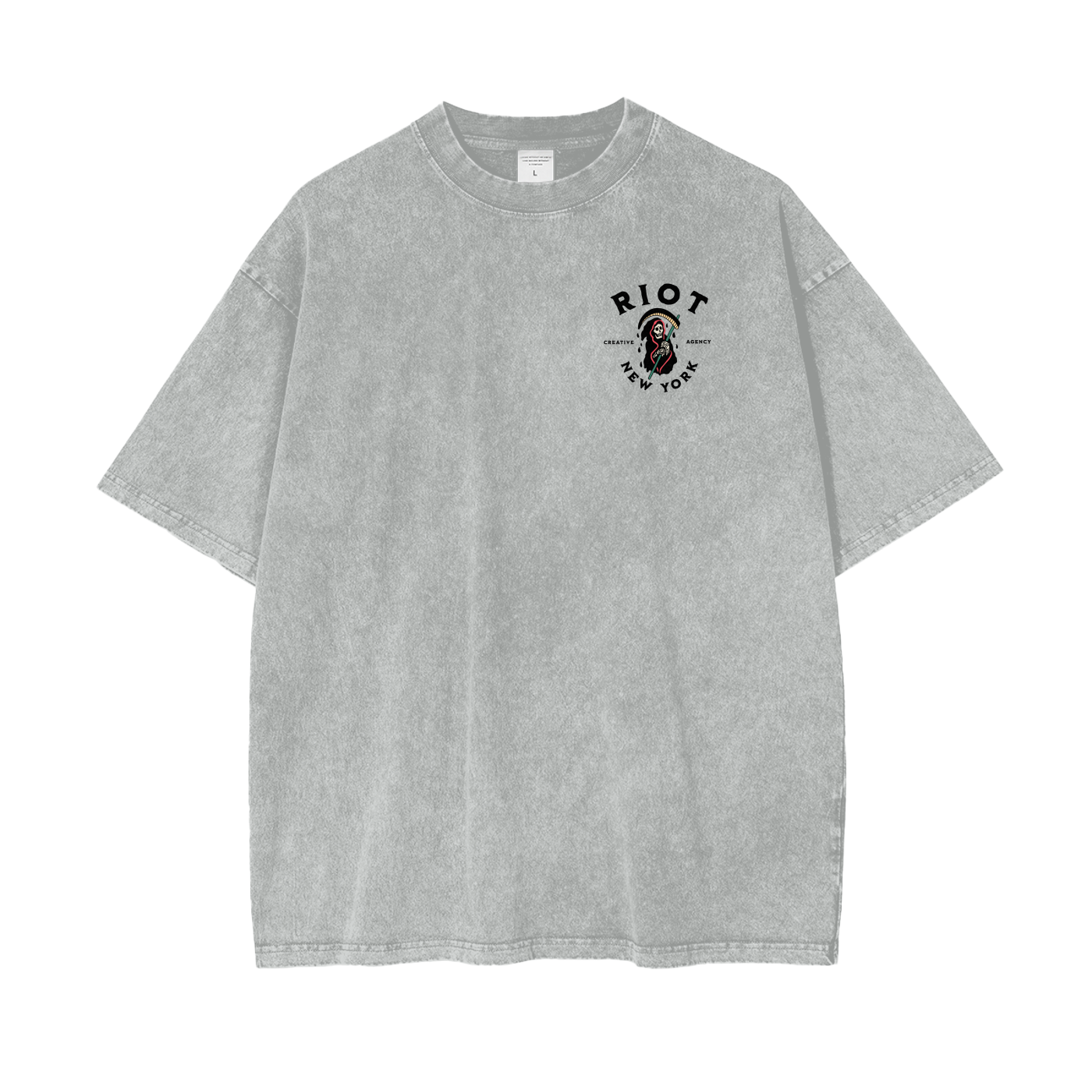 Front of light gray snow-washed oversized t-shirt with small RIOT reaper crest on chest