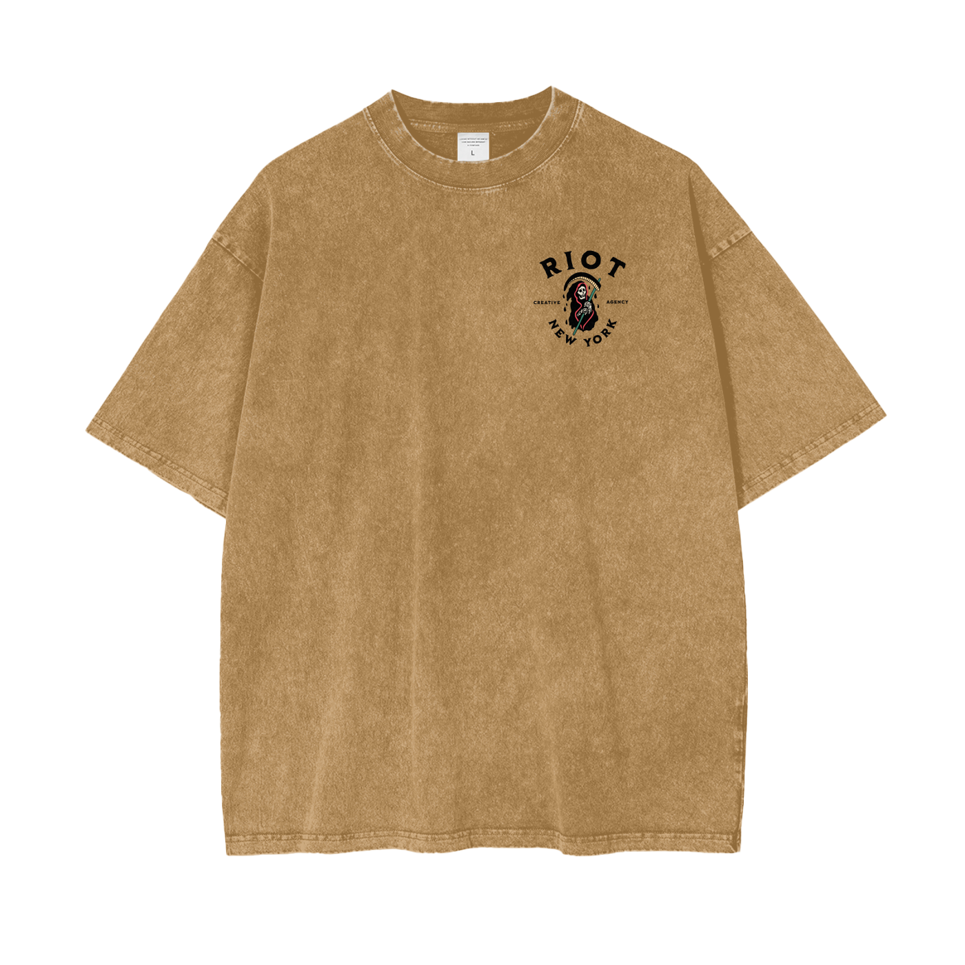 Front of light brown snow-washed oversized t-shirt with small RIOT reaper crest on chest