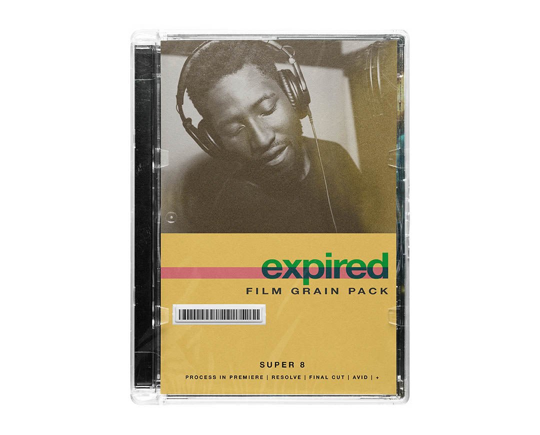 expired super 8 film grain overlay pack product box showing vintage analog film texture overlays for video editing