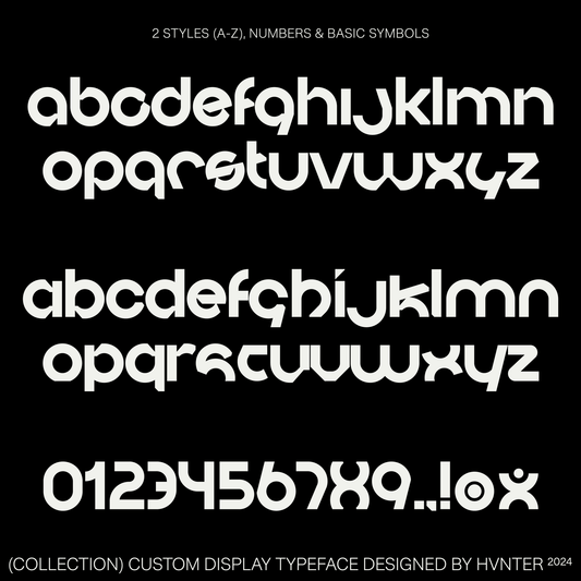 Collection display typeface character set showing alphabet, numbers, and symbols.