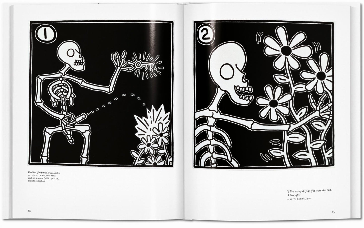 Interior spread from the Keith Haring TASCHEN book showing Untitled for James Ensor 1989, a two-part black and white skeleton and flower painting with numbered panels and a Keith Haring quote