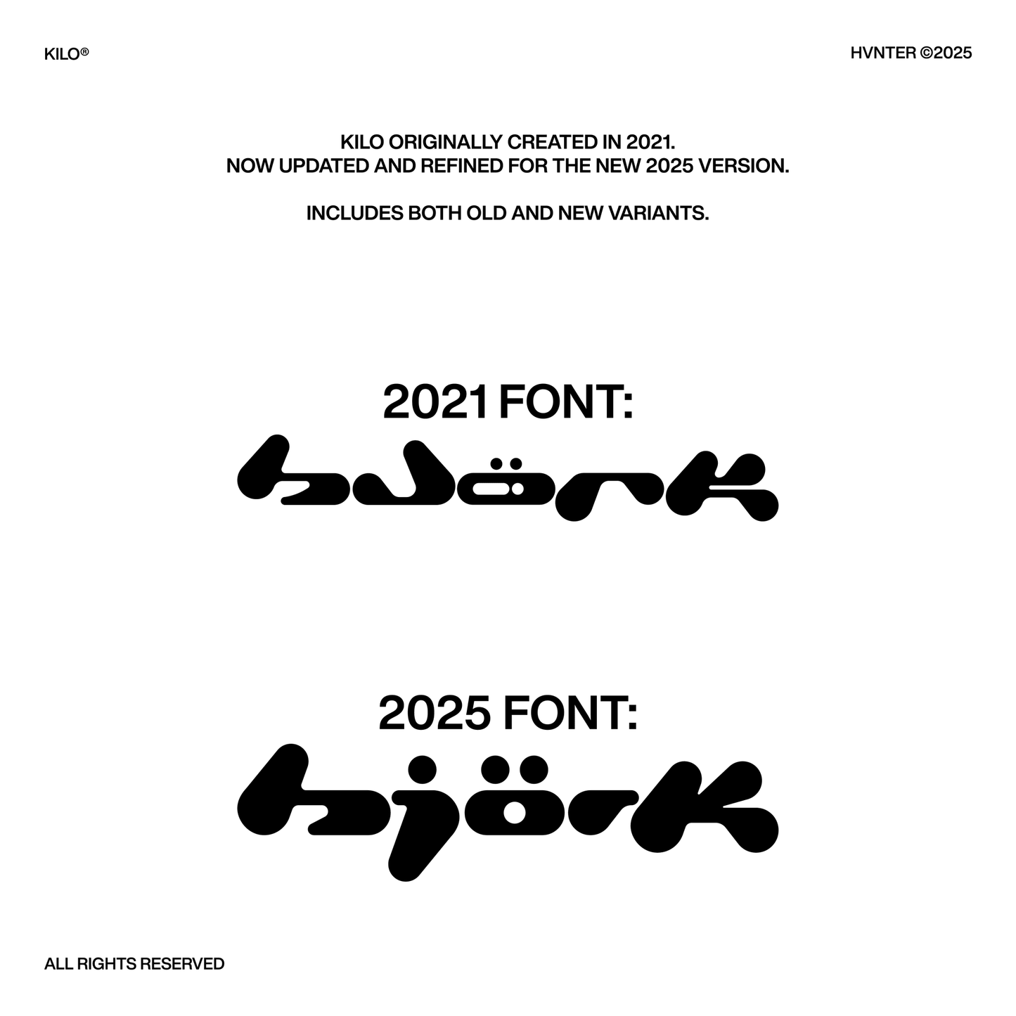 Comparison of 'Kilo' font between 2021 and 2025 versions on a white background.