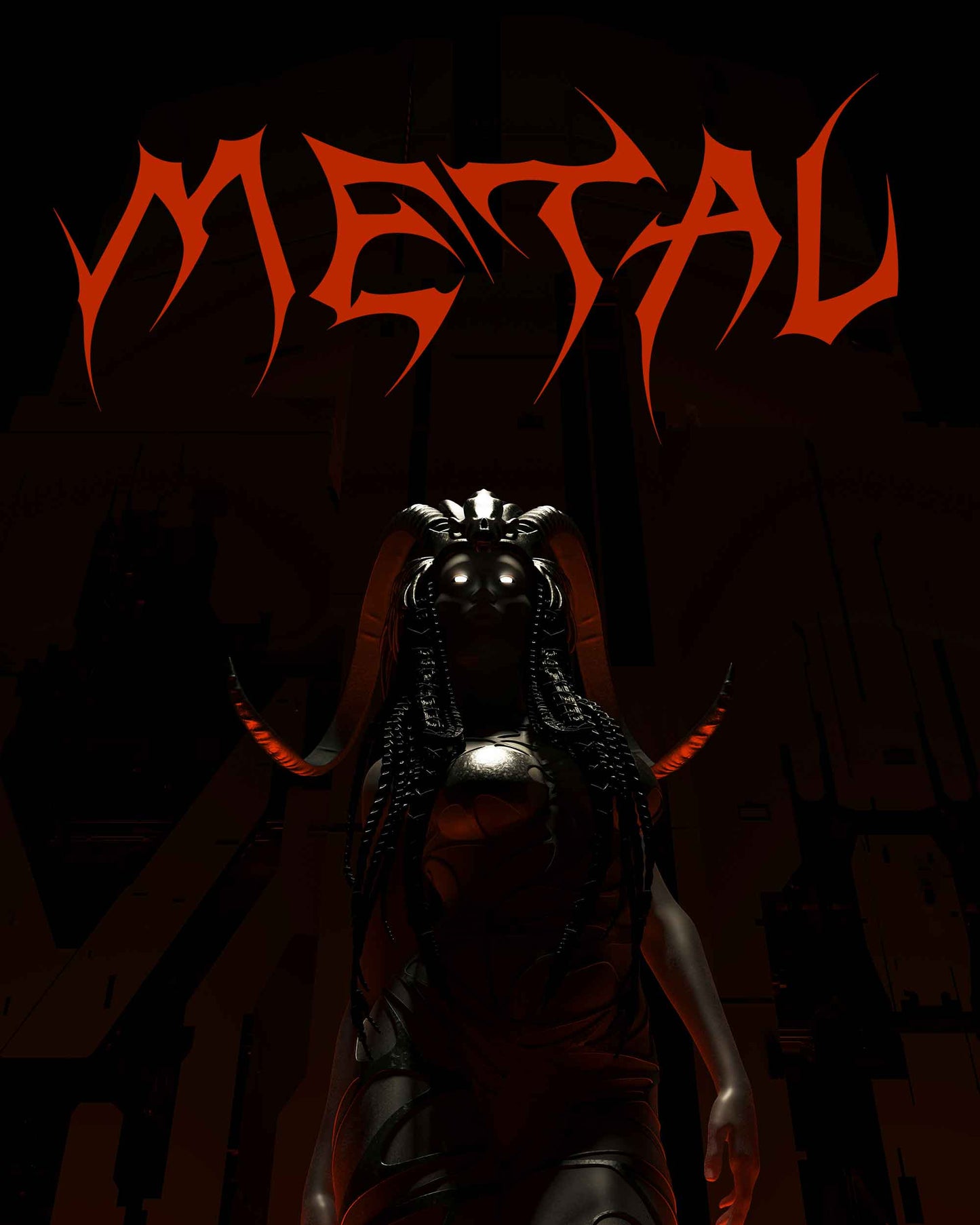 Stylized demonic figure beneath “Metal” title in spiked typography