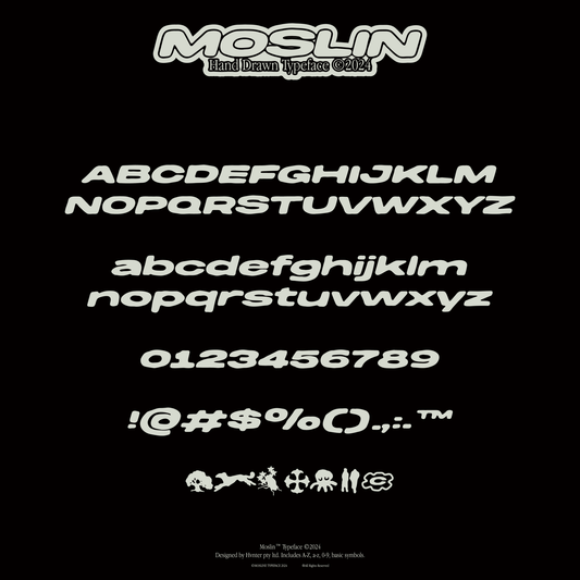 Moslin hand drawn display font full character set including uppercase lowercase numbers symbols and bonus glyphs