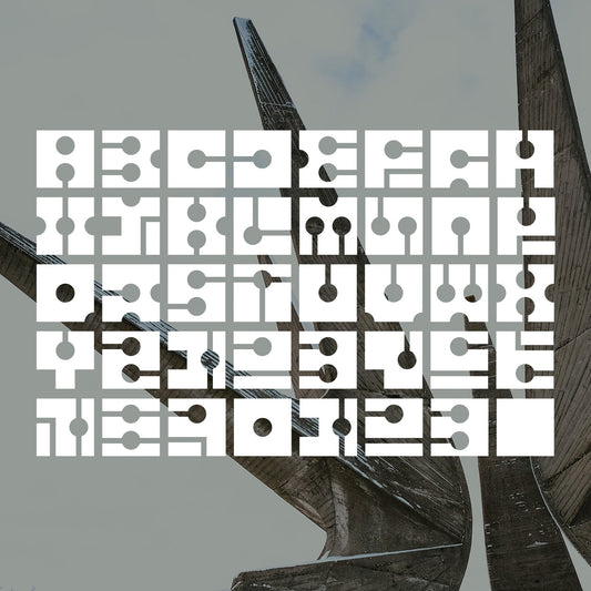 Brutalist Display Font Characters in White Over Monumental Architecture