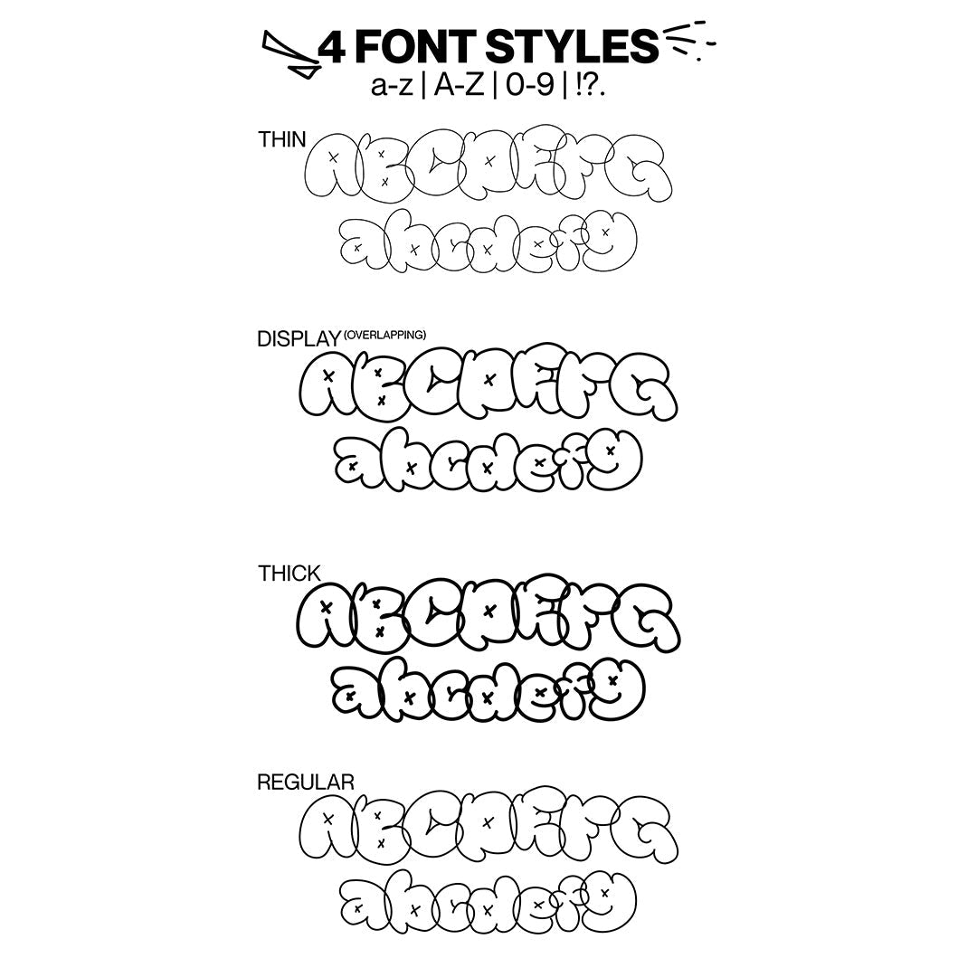 NERF Typeface by HVNTER displaying four distinct graffiti-style font variations: thin, display overlapping, thick, regular.