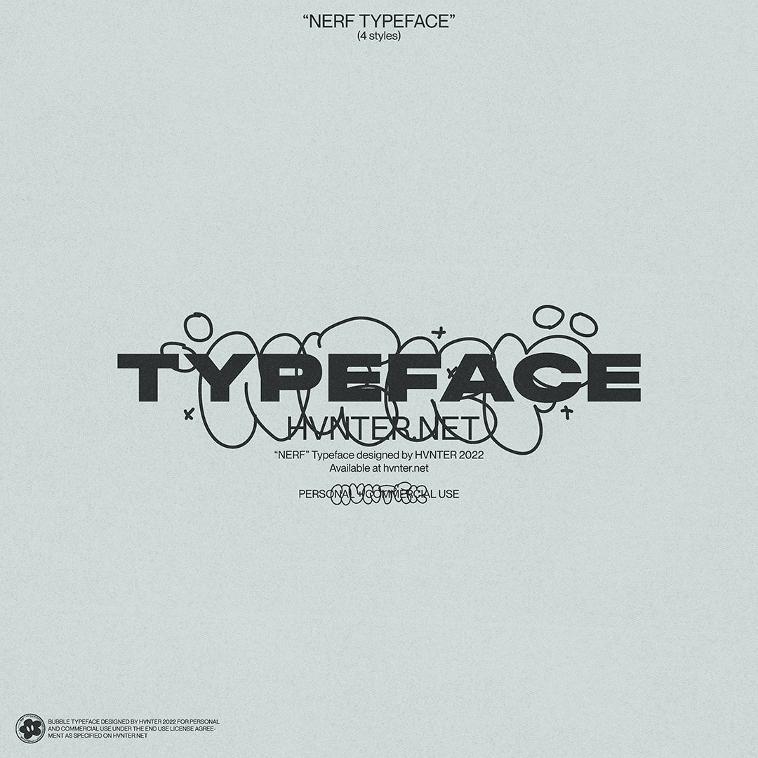 NERF Typeface by HVNTER promotional graphic showcasing bubble-letter graffiti style on muted background.