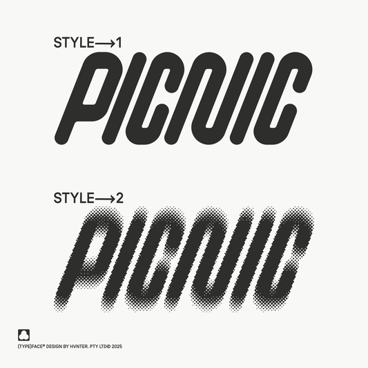 Picnic display typeface showing Style 1 solid and Style 2 halftone variation