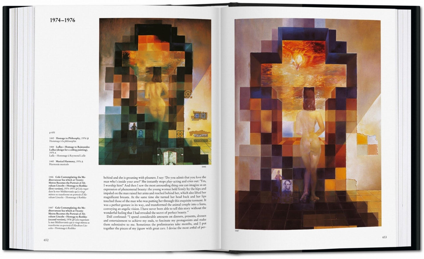 Interior spread from the Salvador Dalí TASCHEN book featuring Gala Contemplating the Mediterranean Sea Which at Twenty Meters Becomes the Portrait of Abraham Lincoln