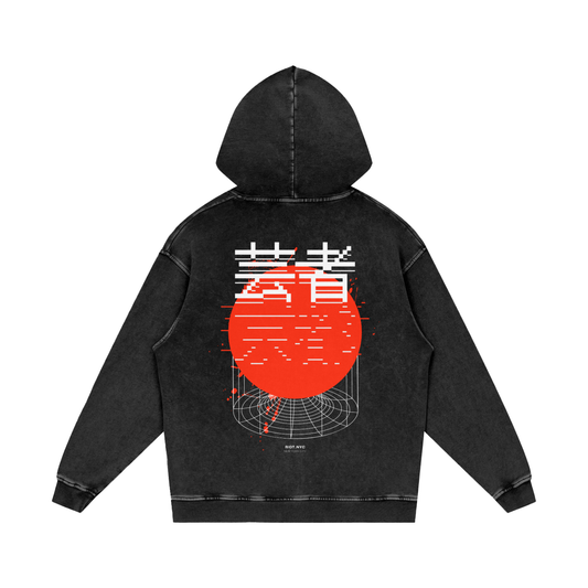 Back of black washed oversized hoodie featuring large red glitched sun with Japanese kanji for artist (芸者) and digital wireframe grid