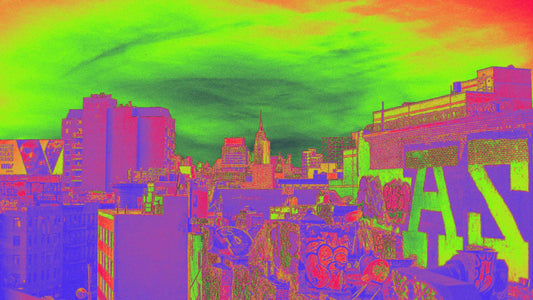 Urban cityscape transformed with vibrant thermal gradient map effect showcasing neon green and purple glitch aesthetic by secret-cache.