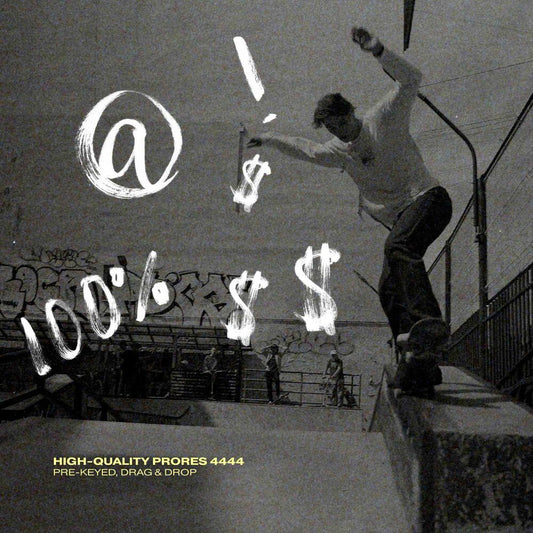 Hand-painted brush animated font overlays on black and white skate footage showing pre-keyed ProRes 4444 text animation assets