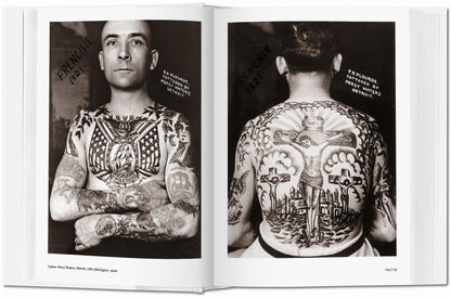 Interior spread from the 1000 Tattoos TASCHEN book showing black and white tattoo portraits labeled Frenchie 1921, with front and back views of a heavily tattooed man, including chest eagles, portrait tattoos, and a large crucifixion back piece tattooed by Percy Waters in Detroit