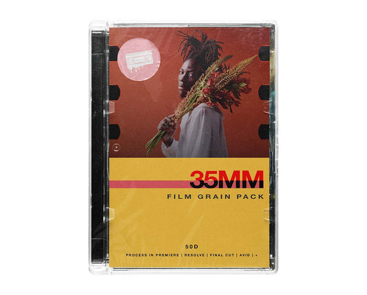 35mm film grain pack product cover featuring cinematic grain overlays and authentic film texture elements for video editing
