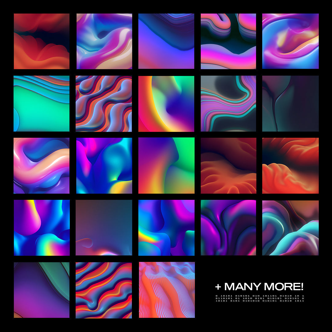 Grid of 24 vibrant 3D gradient preview squares showing the full range of the pack