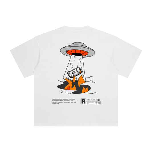 Back graphic of white t-shirt showing a UFO abducting a flip phone with flames below and cracked ground – RIOT.NYC Creative Signal
