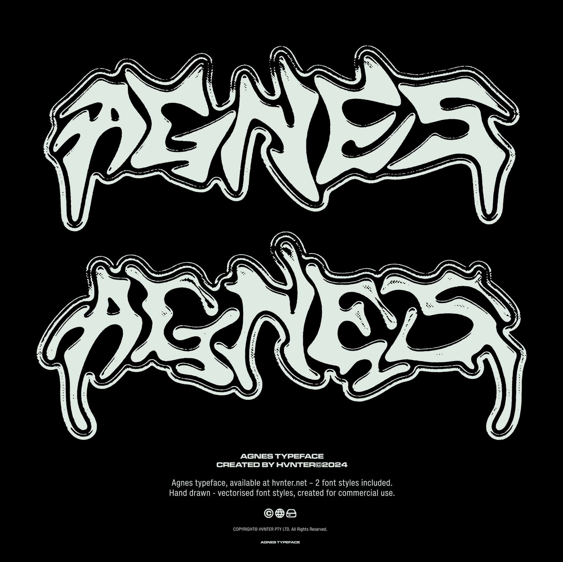 AGNES hand-drawn metal typeface displayed in two bold variations with thick outline and textured highlights.