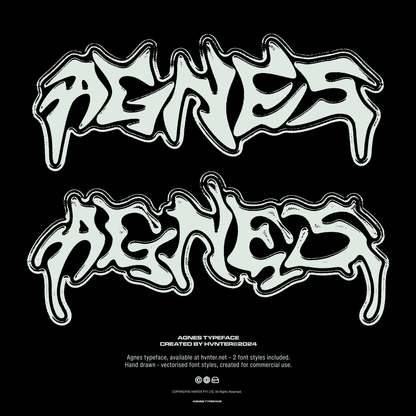 AGNES hand-drawn metal typeface displayed in two bold variations with thick outline and textured highlights.