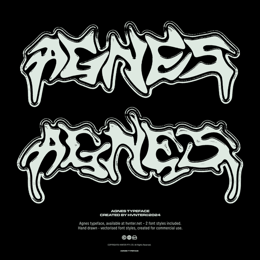 AGNES hand-drawn metal typeface displayed in two bold variations with thick outline and textured highlights.
