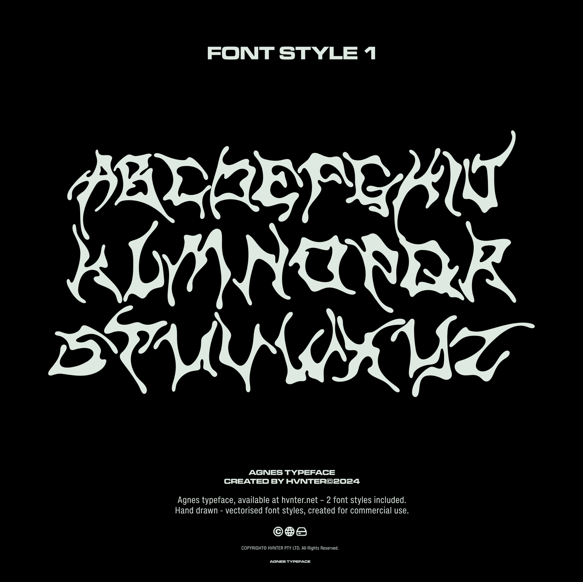 AGNES typeface Font Style 1 alphabet sample (A–Z) in hand-drawn metal lettering.