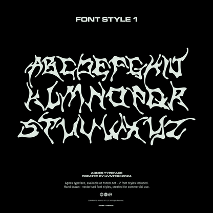 AGNES typeface Font Style 1 alphabet sample (A–Z) in hand-drawn metal lettering.