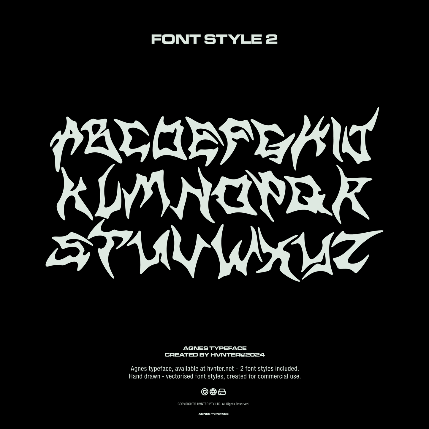 AGNES typeface Font Style 2 alphabet sample (A–Z) in sharp, hand-drawn metal lettering.