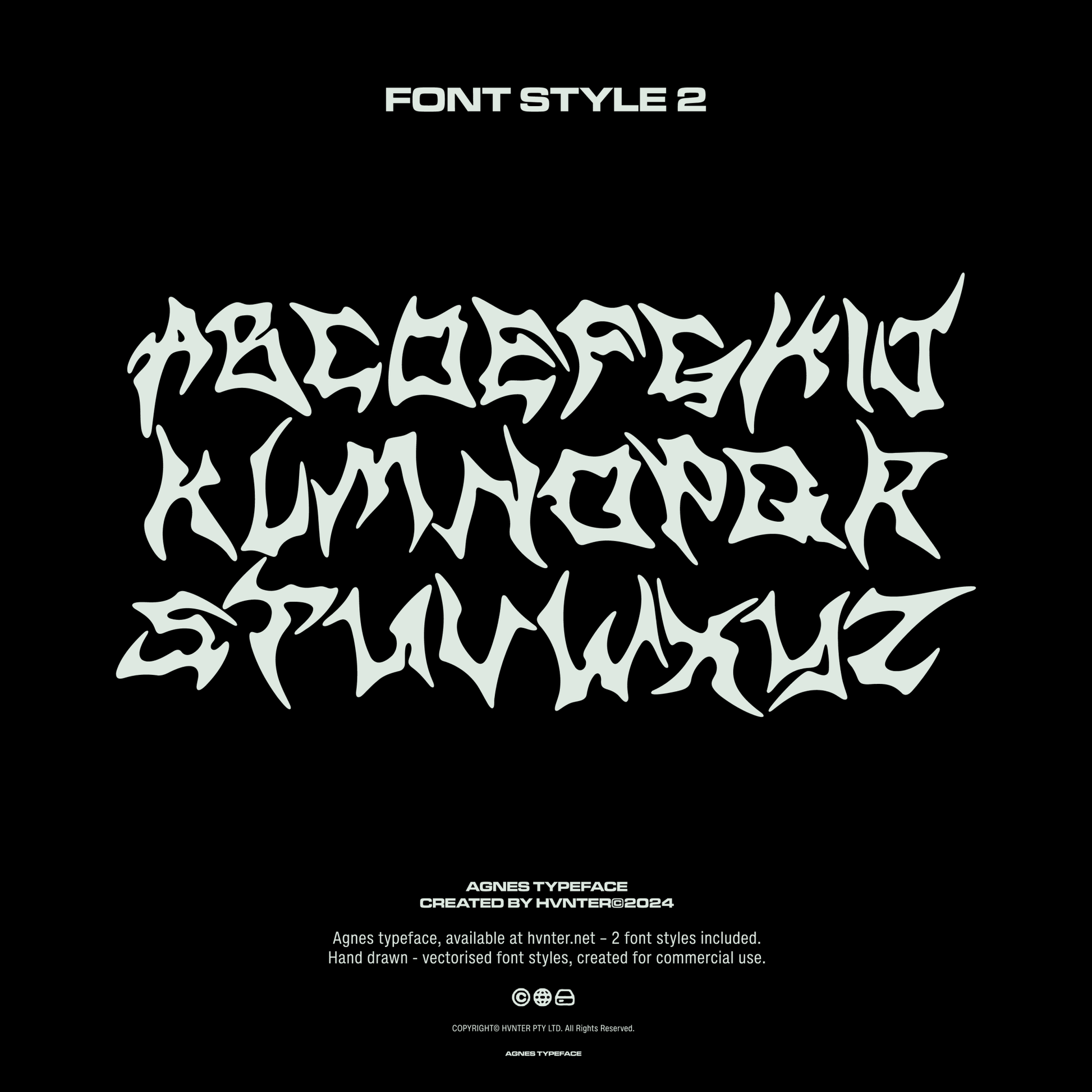 AGNES typeface Font Style 2 alphabet sample (A–Z) in sharp, hand-drawn metal lettering.