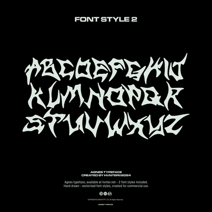 AGNES typeface Font Style 2 alphabet sample (A–Z) in sharp, hand-drawn metal lettering.