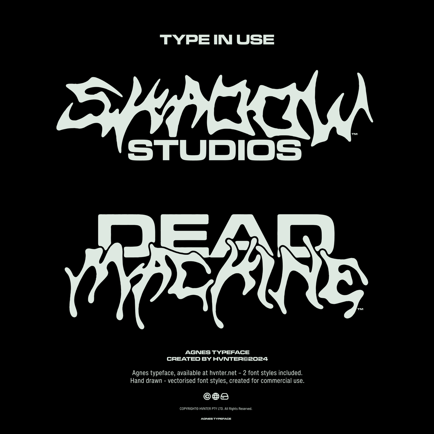 AGNES typeface in use showing stylized lettering over bold words ‘SHADOW STUDIOS’ and ‘DEAD MACHINE’.”
