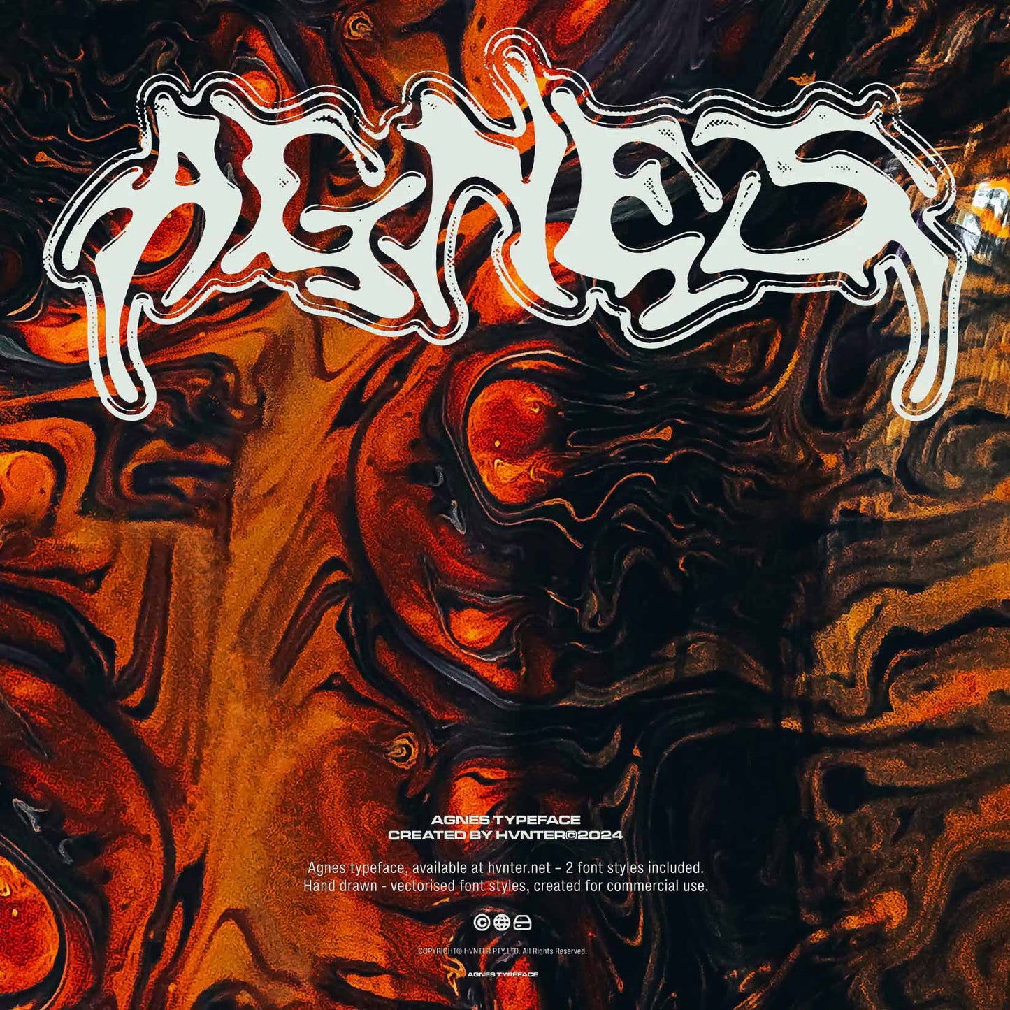AGNES hand-drawn metal typeface displayed over a fiery abstract liquid texture background in orange and black.