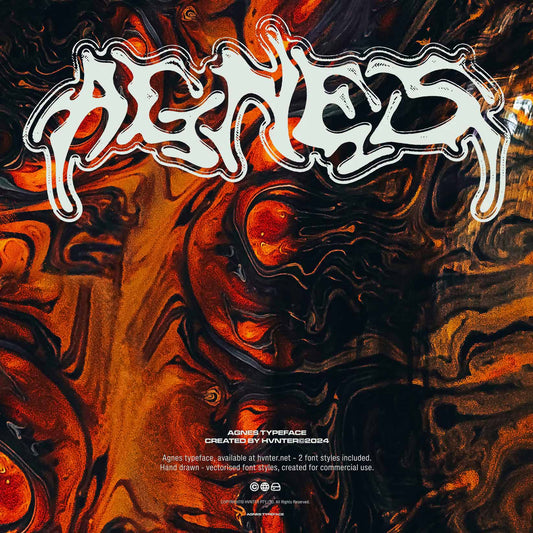 AGNES hand-drawn metal typeface displayed over a fiery abstract liquid texture background in orange and black.