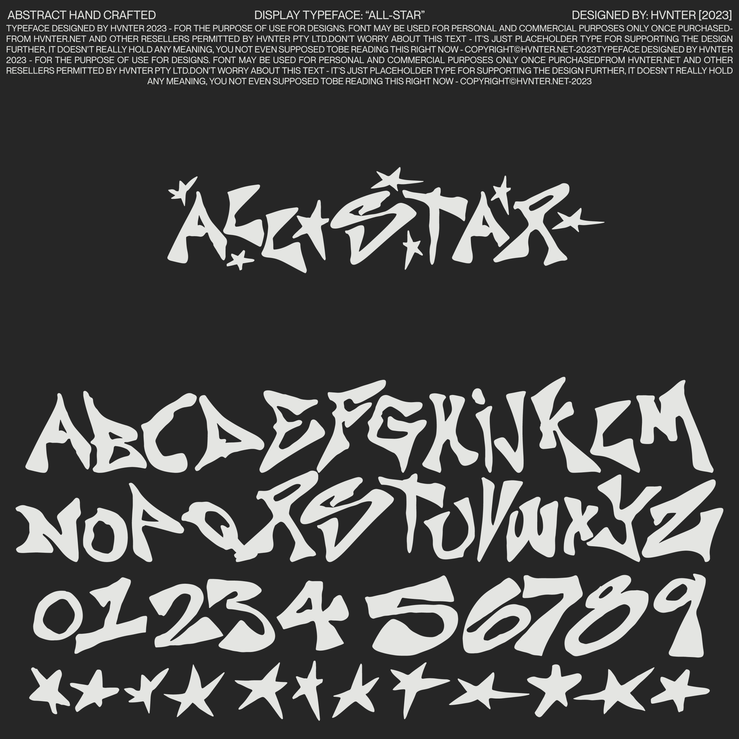 All-Star display typeface full character set A-Z 0-9 with star glyph symbols