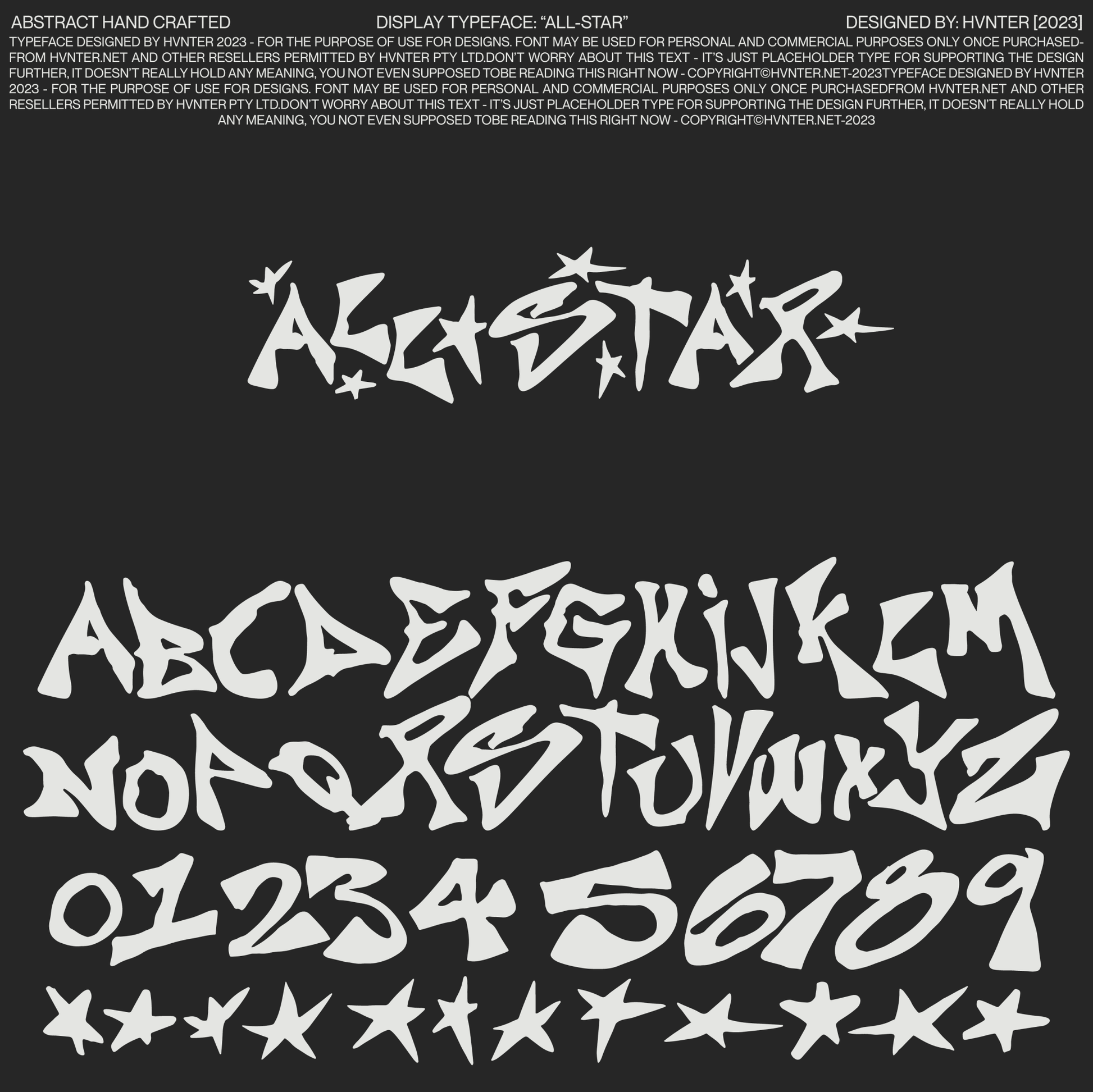 All-Star display typeface full character set A-Z 0-9 with star glyph symbols