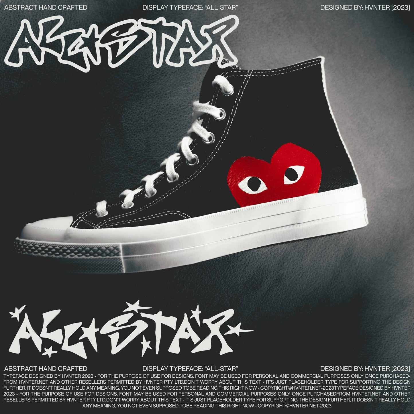 All-Star abstract handcrafted display typeface used on sneaker graphic mockup