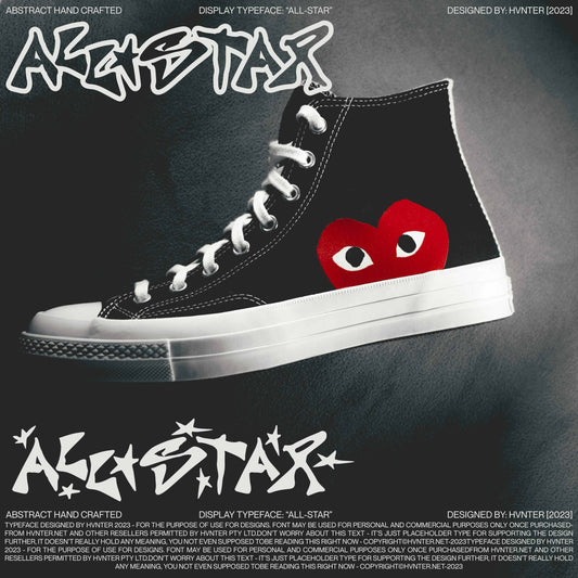 All-Star abstract handcrafted display typeface used on sneaker graphic mockup