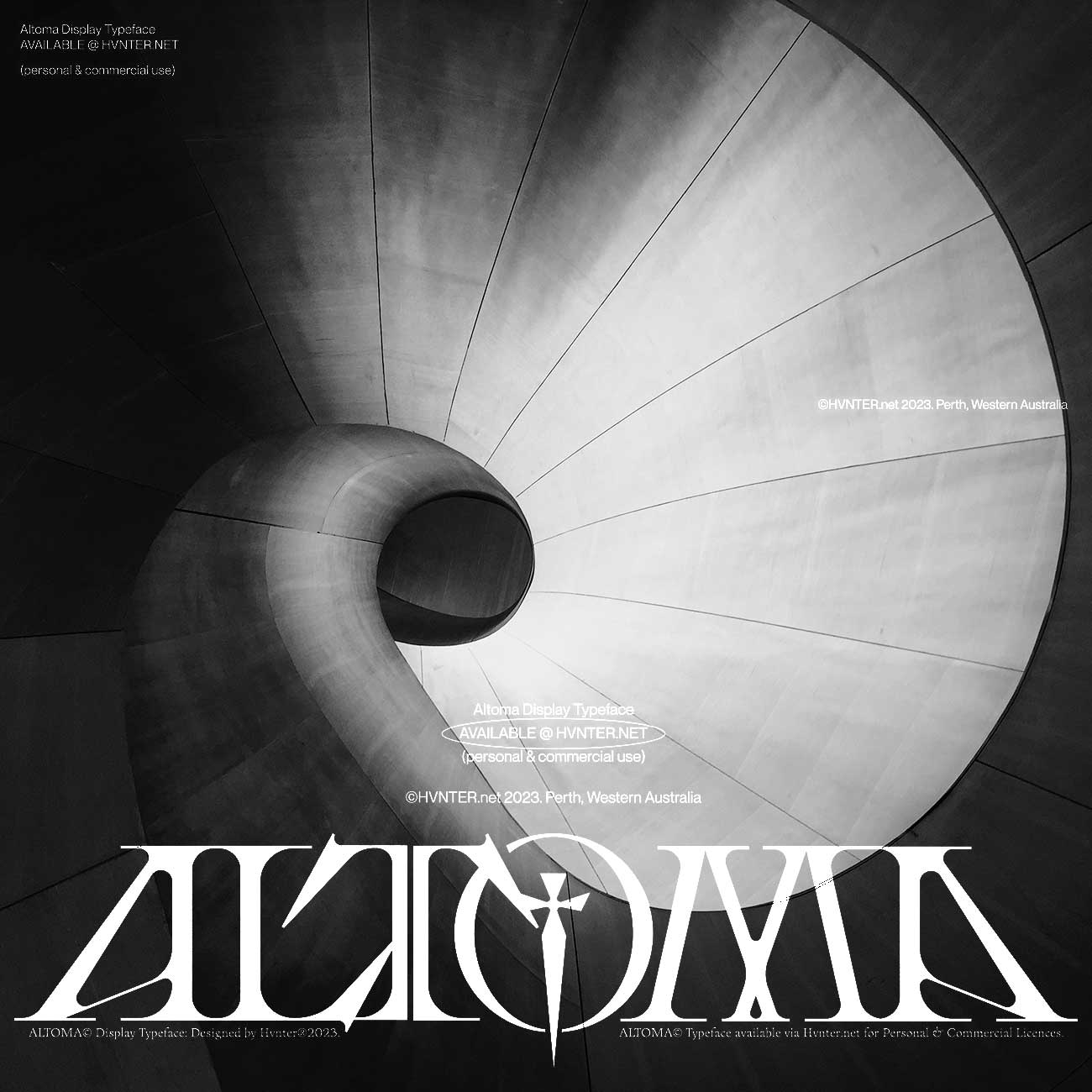 Altoma monumental serif display font over dramatic spiral concrete architecture in black and white