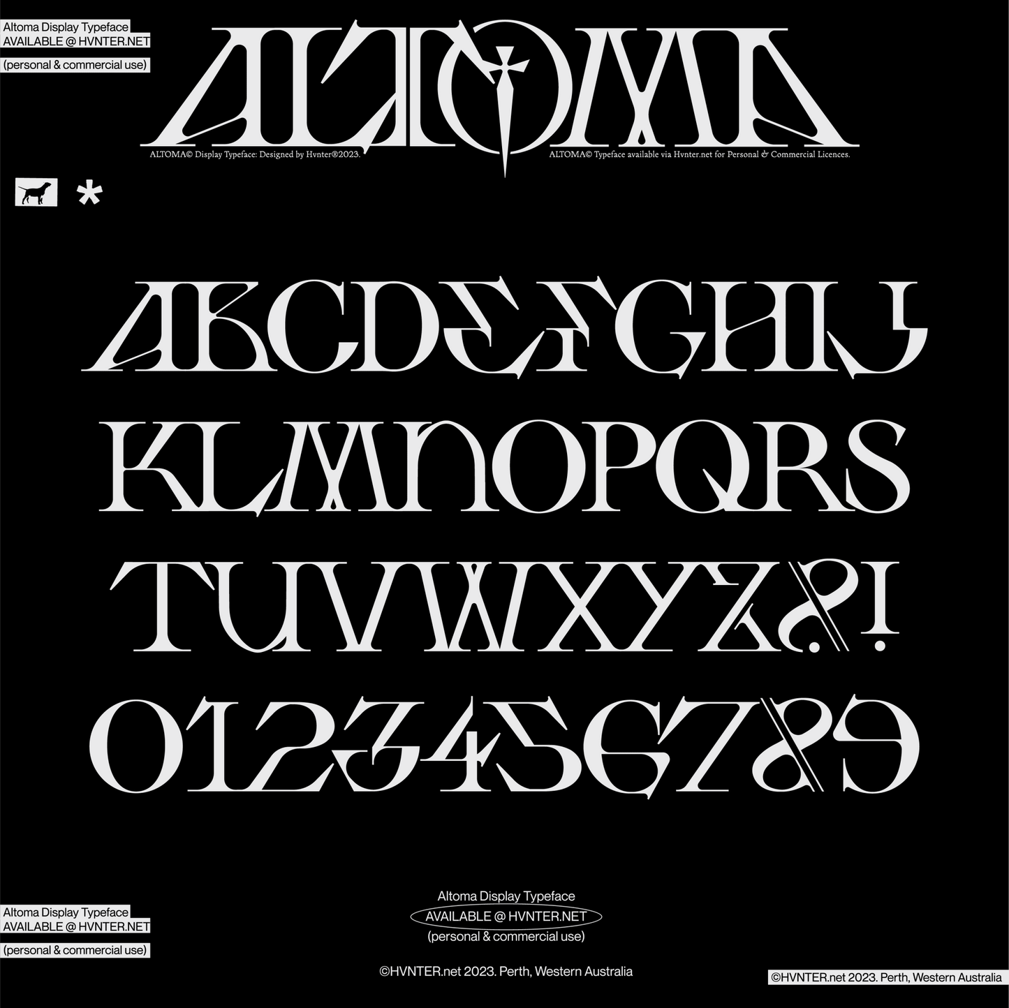 Altoma display typeface full uppercase alphabet A–Z with numbers and punctuation character set preview
