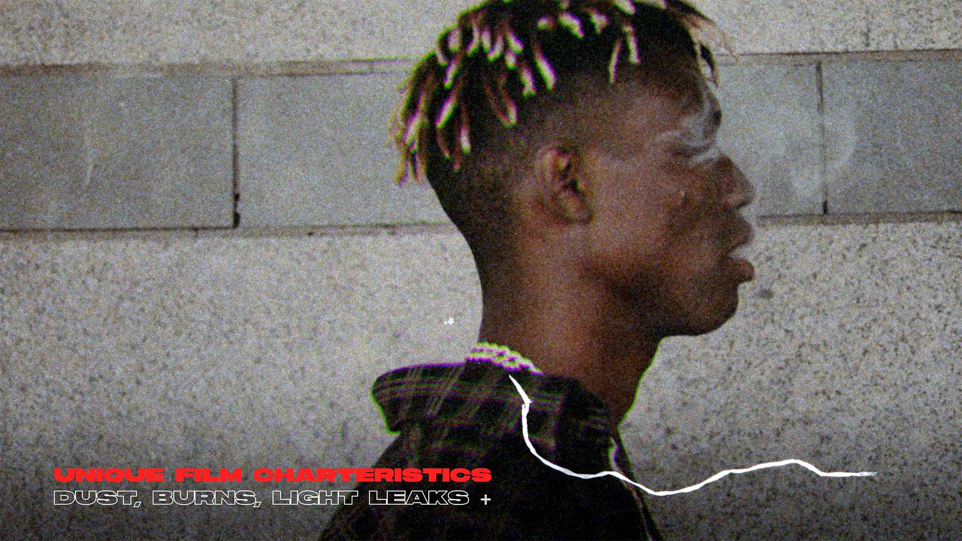 analog film grain texture with dust scratches burns and light leak effects