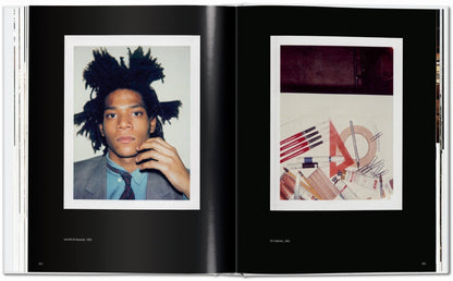Interior spread from the Andy Warhol Polaroids TASCHEN book showing a left Polaroid portrait of Jean-Michel Basquiat in a jacket and tie and a right Polaroid still life of art materials including brushes, pens, rulers, and tubes of paint