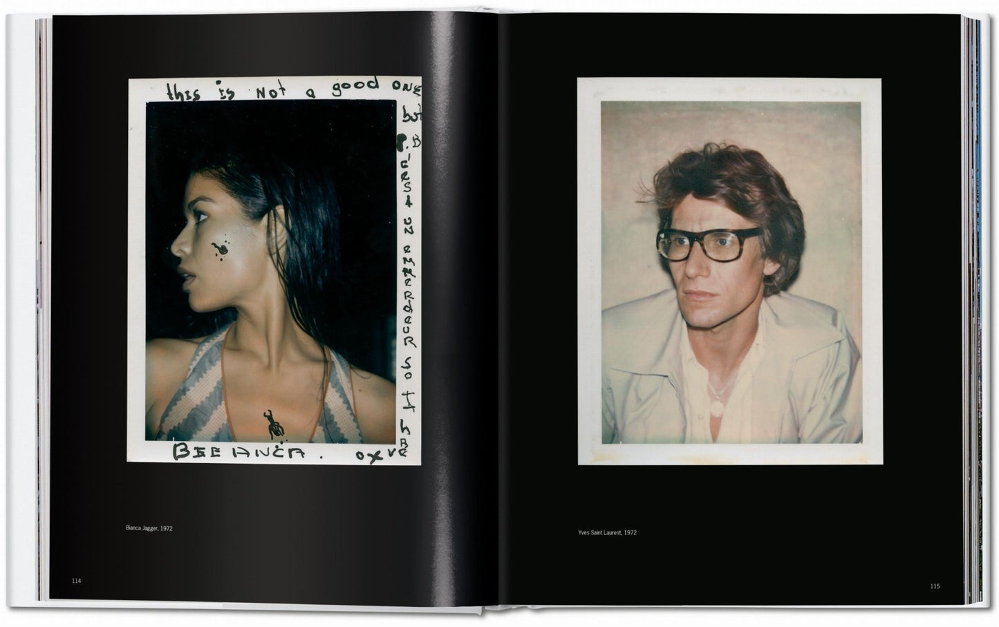 Interior spread from the Andy Warhol Polaroids TASCHEN book showing a left Polaroid of Bianca Jagger in profile with handwritten notes on the border and a right Polaroid portrait of Yves Saint Laurent wearing glasses and a white jacket