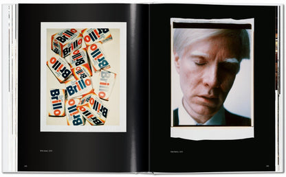 Interior spread from the Andy Warhol Polaroids TASCHEN book showing a left Polaroid still life of stacked Brillo boxes and a right Polaroid portrait of Andy Warhol with closed eyes against a black background