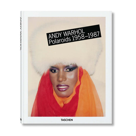 Cover of Andy Warhol Polaroids 1958–1987 by TASCHEN featuring a Polaroid portrait of Grace Jones in a white fur hat and red orange veil