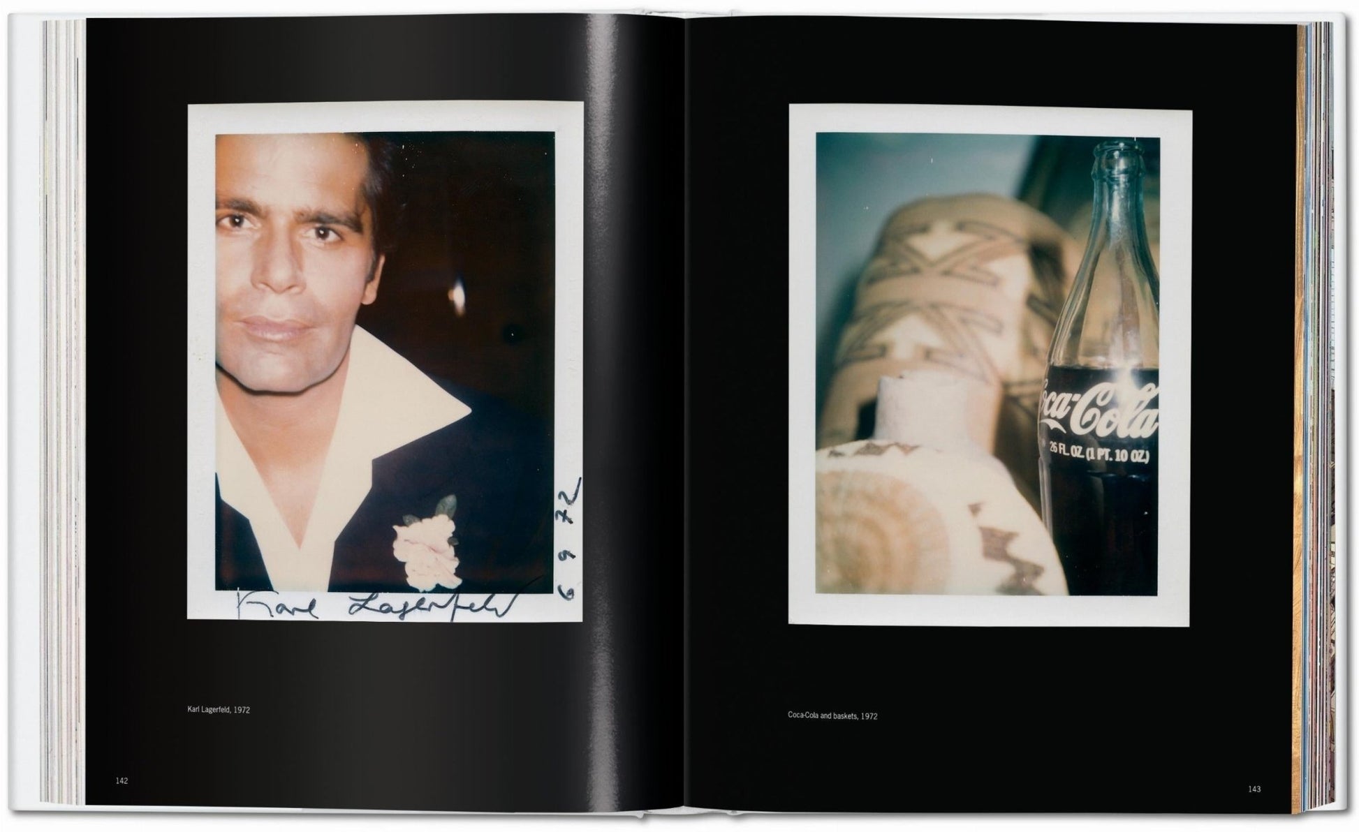 Interior spread from the Andy Warhol Polaroids TASCHEN book showing a left Polaroid portrait of Karl Lagerfeld in a dark jacket with a white collar and flower and a right Polaroid still life of a Coca-Cola bottle beside baskets and shells